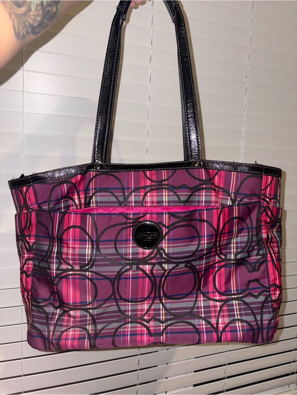 Coach Pink Plaid Signature Tote Bag